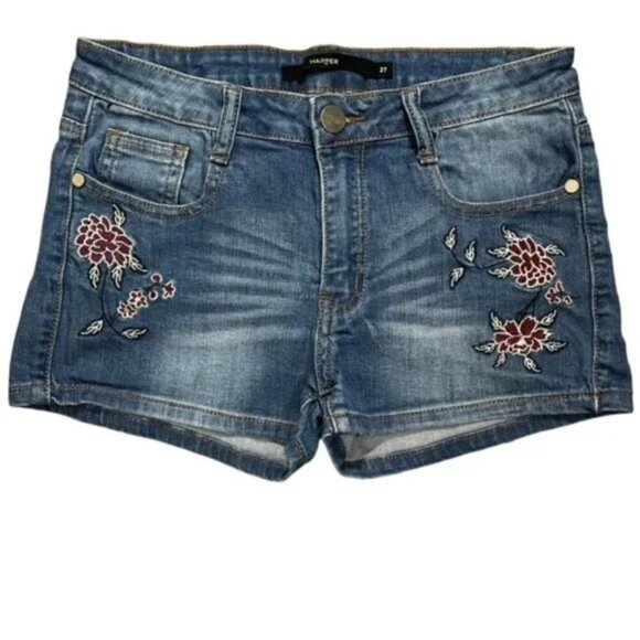 HARPER Floral Embroidered Denim Jean Shorts - Size 27 - Picture 1 of 6